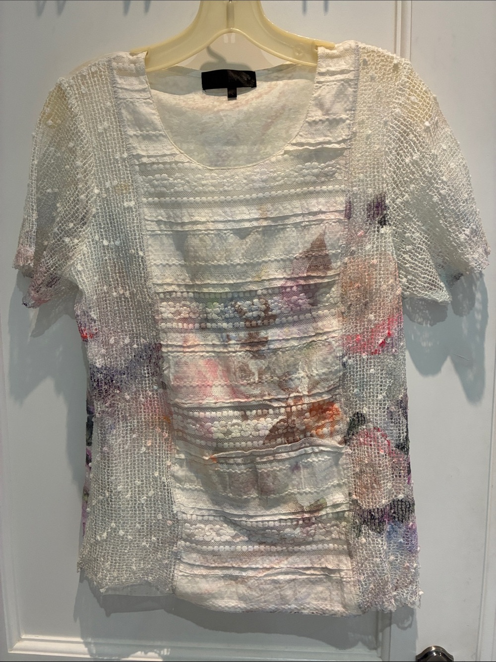 HEPBURN Floral Mixed Media Lace Knit Short Sleeve Top Small 👵MT